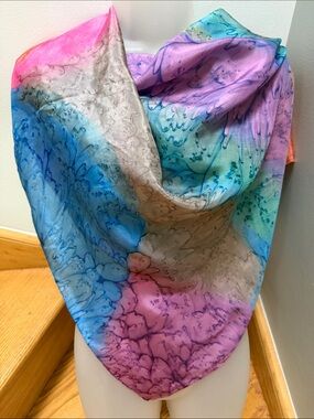 Hand Painted Silk Scarf | Abstract Watercolor Blue Pink
